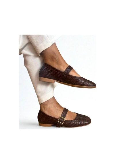Ne&ve Shoes Kahve Hakiki Deri Örgü Desen Baskılı Kare Burunlu Tek Bantlı Kadın Şık Ve Rahat Babet Kahverengi