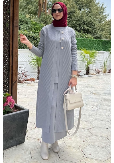 Rabia Şamlı Sinem Çelik Örme Triko Hırka Gri Çok Renkli