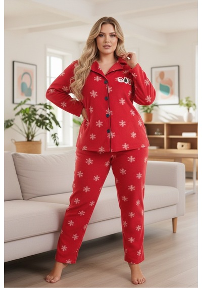 Siyah İnci Yılbaşı Temalı Nakışlı Kar Tanesi Desenli Büyük Beden Polar Kışlık Örme Pijama Takım Kırmızı