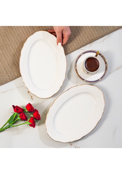 Porsima 4448 Tiffany Porselen Altın Fileli Kayık Tabak Seti - Oval Kahvaltılık Sunumluk Seti 25cm Beyaz