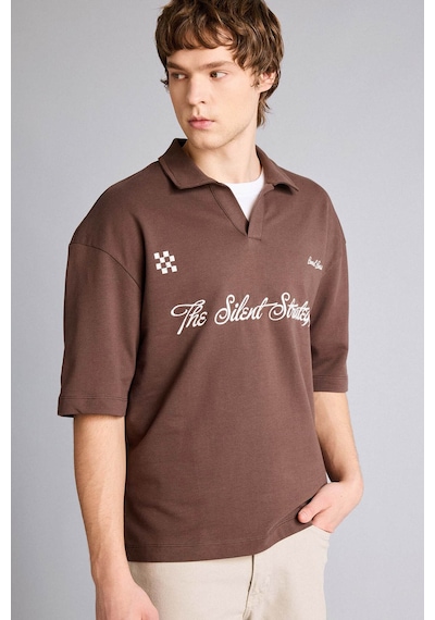 Defacto Loose Fıt Slogan Baskılı Sweatshirt Kumaşı Polo Yaka Tişört F8676ax26spbn151 Kahve-bn151