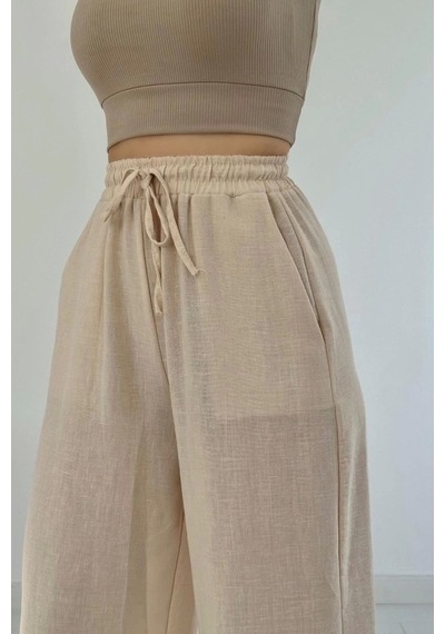 Defymoda Bej Keten Pantolon Bej