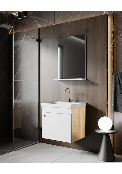 Karen Banyo Milano 50 Cm Lavabolu Banyo Dolabı,lavabo Dahil, Ayna Dahil,sonomo Meşe Beyaz