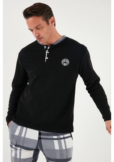 Buratti Ekoseli Regular Fit Düğmeli Bisiklet Yaka Kışlık Polar Erkek Pijama Takımı 60961008 Siyah