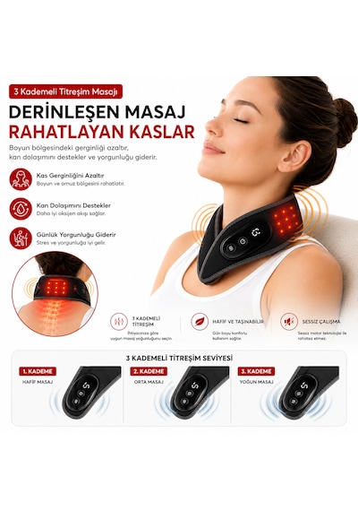 Graphene Isı Teknolojili Boyun Isıtıcı Masaj Aleti 5 Kademeli Isı Ayarı 3 Kademeli Titreşim Usb Şarjlı Kablosuz Boyun Destekleyici Siyah