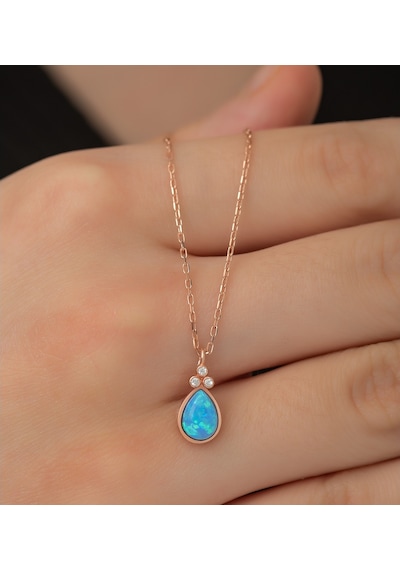 925 Ayar Gümüş Minik Opal Taşlı Damla Kolye Kadın Gümüş Kolye