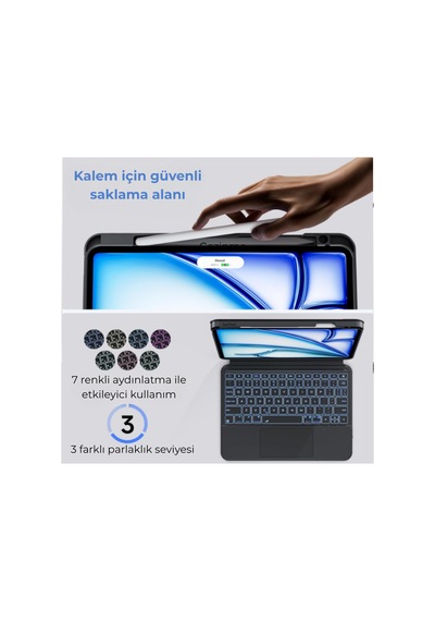 İpad Uyumlu Air 10.9 İnç 2020-22 360 Dönebilen Standlı Işıklı Risser Türkçe Q Klavyeli Tablet Kılıfı
