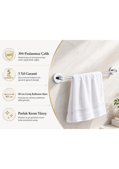 Alper Banyo 304 Paslanmaz Çelik Havlu Askısı 40 Cm, Parlak Krom Kaplama, Yapışkanlı Ve Vidalı Montaj, Banyo Akses Diğer