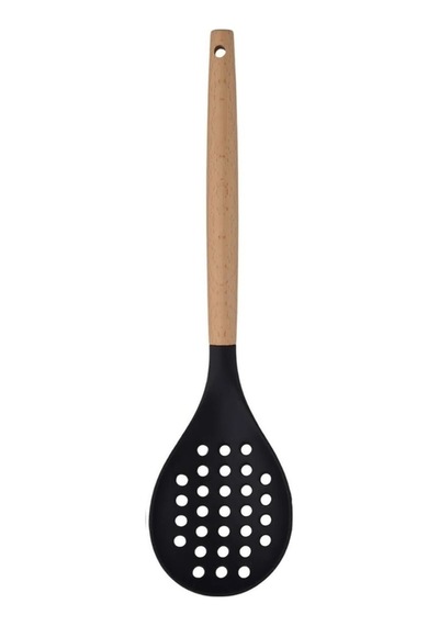 Bambu Saplı Silikon Kevgir 32 Cm Siyah Isıya Dayanıklı Delikli Servis Kevgiri Silikon Diğer