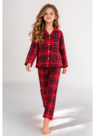 Free Beka Kırmızı Ekose Desenli Uzun Kollu Gömlek Yaka Düğmeli Kız Çocuk Pijama Takımı Free Beka Kırmızı Ekose Desenli Uzun Kollu Gömlek Yaka Düğmeli Kız Çocuk Pijama Takımı