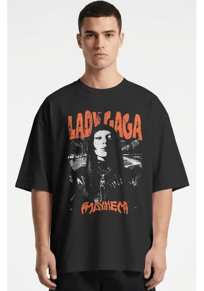 Sevbano Lady Gaga Mayhem Şarkıcı Baskılı Unisex Oversize Premium Tişört Siyah