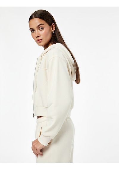 Koton Rahat Kalıp Cep Detaylı Kapüşonlu Fermuarlı Crop Sweatshirt Ekru 6wal10354ık Ekru