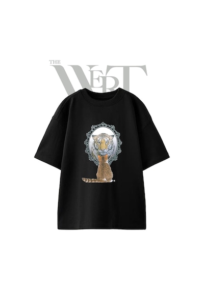 Thewert Kedi Ayna Kaplan Tasarım Baskılı Ünisex Siyah Oversize T-shirt