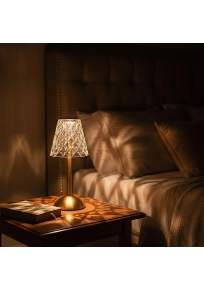 Gece Lambası Uzun Klasik Baklava Formlu Led Masa Lambası Dokunmatik 3 Renk Işık Modlu Şarj Edilebilir Dekor Amaçlı Şeffaf .
