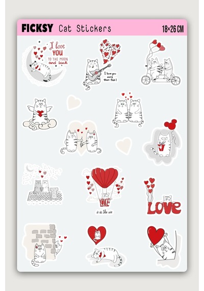 Sevimli Kedi Aşk, Sevgi, Sevgililer Günü Temalı Sticker Seti - 15 Adet Etiket Çıkartma Diğer
