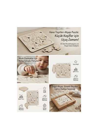 Ahşap Hava Araçları Şekiller Eğitici Çocuk Bulmaca 21x30 Cm Seti Eğlenceli Oyun Eğitici Set