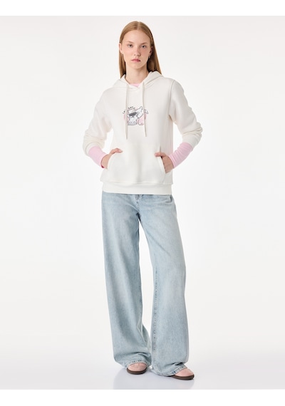 Koton Üç İplik Şardonlu Uzun Kollu Kanguru Cepli Kedi Baskılı Kapüşonlu Sweatshirt Ekru 7wal10054ık