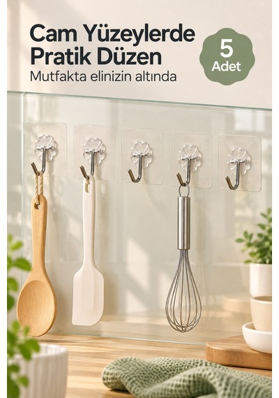 Kendinden Yapışkanlı Şeffaf Askı Kanca 5 Adet Delmeden Montaj