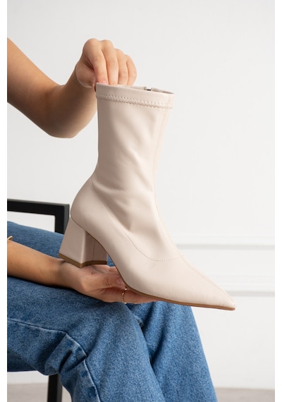 Dabab Shoes Neva Kadın Bej Streç Cilt Sivri Burun Fermuarlı 6 Cm Kalın Topuklu Bot Bootie