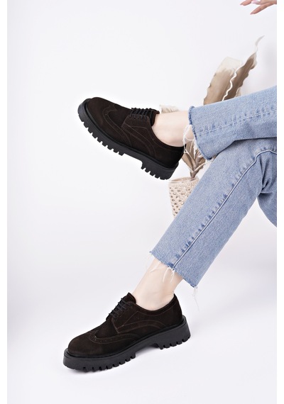 Muggo Amour Bağcıklı Hakiki Deri Kalın Taban Günlük Casual Makosen Kadın Loafer Ayakkabı Kahve Süet
