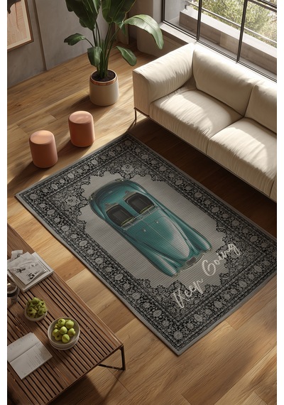 Retro 106 Gri Mavi Vintage Retro Araba Figürlü Keep Going Tasarım Halı Salon Oturma Ev Oda Halısı Gri - Mavi