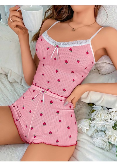 Jhena Beyaz Dantel Detaylı Desenli Kadın Penye Gecelik, Kadın Kaliteli Ev Giyim Pijama Pudra - Pembe