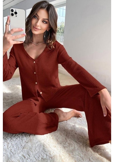 Bella Notte V Yaka Pamuklu Bordo Düğmeli Uzun Pijama Takımı