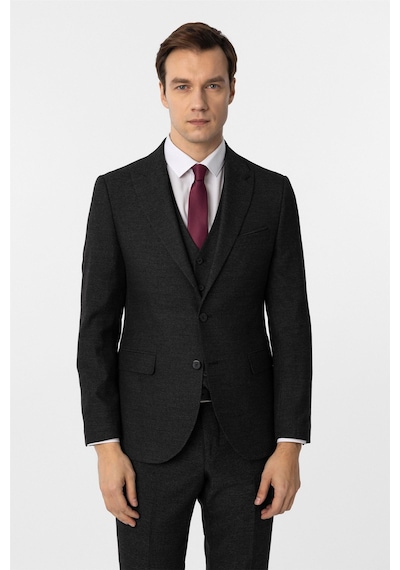 Süvari Siyah Slim Fit Desenli Sivri Yaka 6 Drop Yelekli Klasik Takım Elbise Siyah
