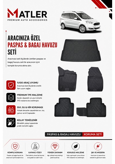 Ford Courier 2021 Model 4d Ekstra Havuzlu Paspas Ve Bagaj Havuzu Set