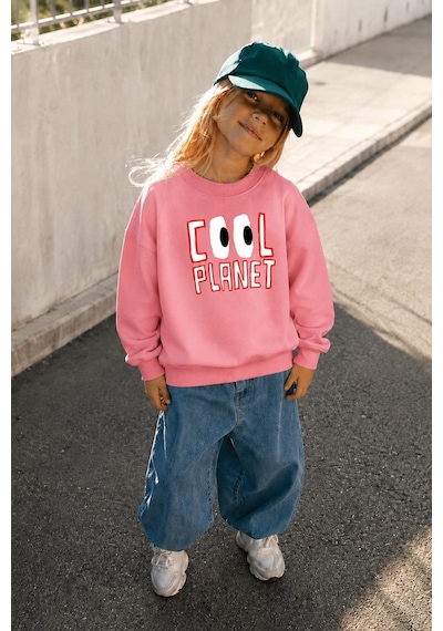 Monila Unisex Çocuk 3 İplik Kumaş Baskılı Pamuklu Sweatshirt Pembe