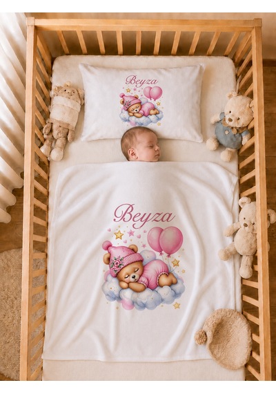 İsme Özel Kız Bebek Battaniye 80x80 Cm Ve Yastık Kılıfı 35x45 Cm %100 Pamuk Organik Baskılı Bebek Seti Bebek Hediyesi 1032yb Krem