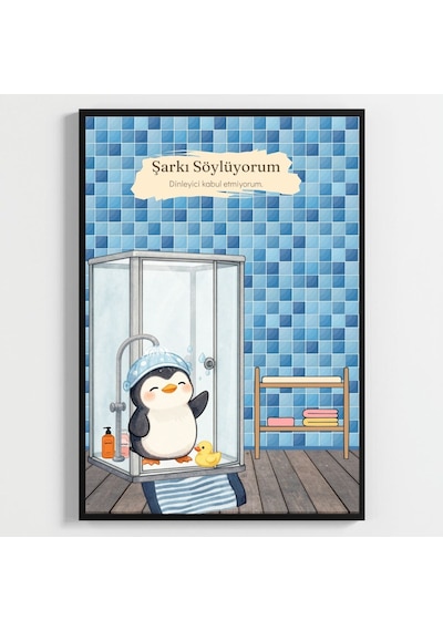 Besay Boneli Penguen Eğlenceli Banyo Ve Tuvalet Duvar Dekorasyonu Duşta Şarkı Söyleyen Komik Hayvan Poster Tablo A3 Tekli