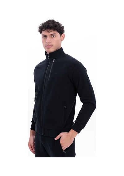 Rowinger 3 İplik Kalın Dokulu Pilot Yaka Velör Şeritli Tam Fermuarlı Erkek Sweatshirt Black