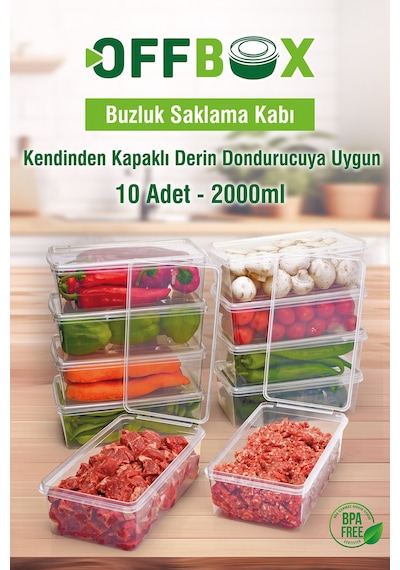 10 Adet Sızdırmaz Kapaklı Derin Dondurucuya Mikrodalgaya Uygun Saklama Kabı 2 Litre Plastik 50 X 70 Diğer