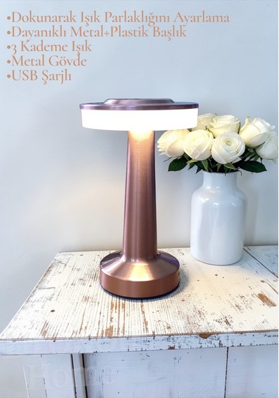 Dokunmatik Masa Ve Gece Lambası Dokunmatik Lamba Abajur Led Şarjlı Masa Lambası Ledli Rose Gold 21cm Gold