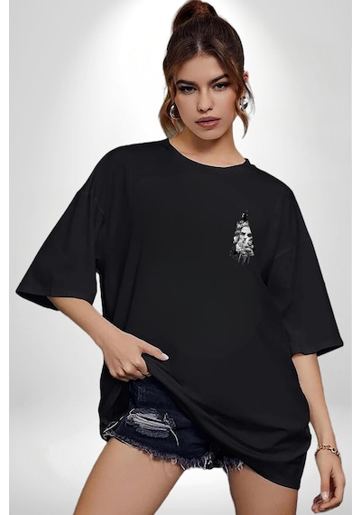 Poseidon Felsefe Siyah Oversize Unisex Ön Sol Yan Minimal Baskılı Tişört Koyu Siyah