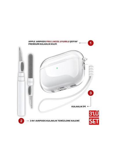 Pro 2. Nesil Uyumlu Şeffaf Premium Kulaklık Kılıfı, Beyaz Silikon Kulaklık İpi Ve 3'ü 1 Arada Bluetooth Kulaklık Temizleme Kalemi Seti Şeffaf - Beyaz