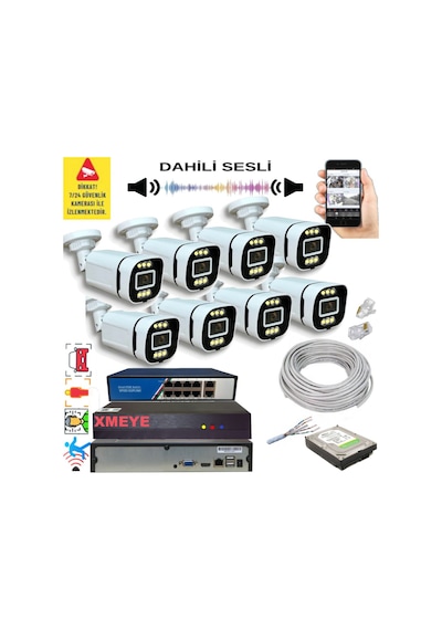 8 Li Yapay Zeka Destekli 5 Mp Görüntü Poe Bağlantılı Sesli 6 Warm Led Gece Renkli Ip Kamera Seti 4386ws