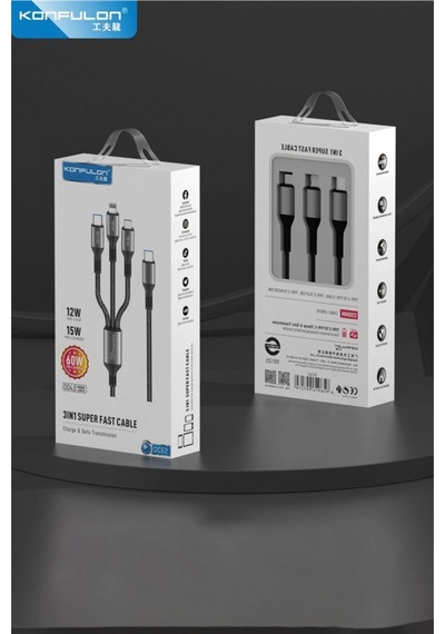 Dc62 3in1 Type-c To 60w Type-c / 12w Lightning / 15w Micro 1.2m Hızlı Şarj Kablo - Siyah