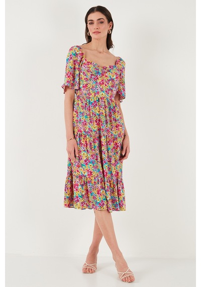 Lela Desenli Oversize Fit Carmen Yaka Büzgü Detaylı Midi Boy Bayan Elbise 67810557 Fuşya