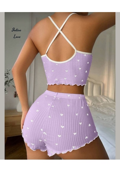 Intive Comfort Kalp Desenli V Yaka İnce Askılı Mini Şortlu Büstiy Lila