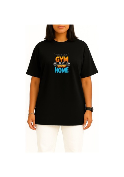 Bahriyeli Collection Oversize Gym Benim İkinci Evim Göğüs Baskılı Unisex T-shirt Siyah