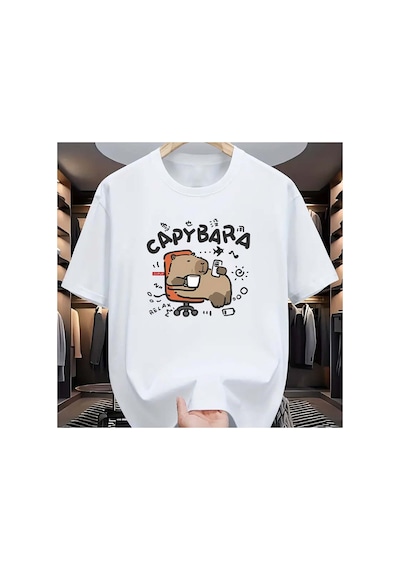 Caddemia Yaz  Moda Rahat Gevşek Spor Karikatür Desen Baskılı Yuvarlak Boyun Kısa Beyaz 2XL