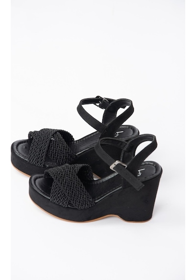 Fox Shoes Siyah Süet Kadın Dolgu Topuklu Ayakkabı K250909002