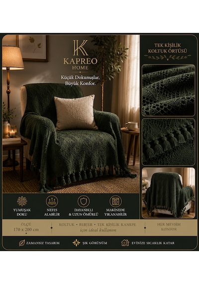 Kapreo Home Oceanwave Çok Amaçlı Örtü 170 X 200 Koyu Yeşil