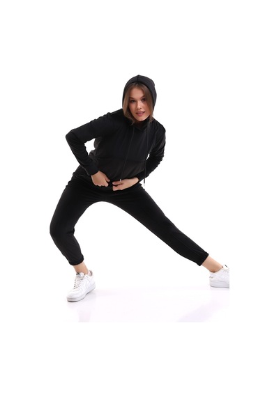 Winmoda34 Kadife Eşofman Takımı Kapüşonlu Fransız Kadife Yumoş Siyah