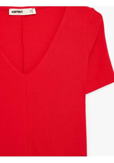 Koton Pamuklu Slim Fit Kısa Kollu V Yaka Tişört Kırmızı 6sak50425ek