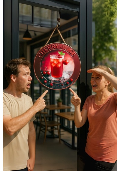 Cherry Juice Temalı Kapı Süsü Tablosu, Vişne Suyu Konseptli Uv Baskılı Renkli Cafe Duvar Dekoru