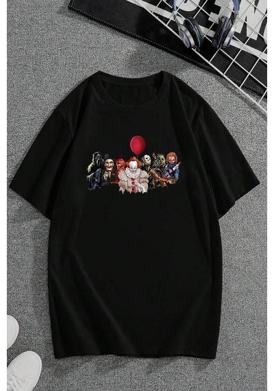 Korku Karakterleri Baskılı Unisex Oversize Tshirt Siyah