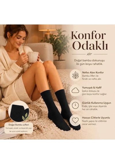 Çorap Giyim Kadın Bambu Uzun Çorap 12 Li Paket, Dikişsiz Burunlu Yumuşak Dokulu Siyah Beyaz Gri